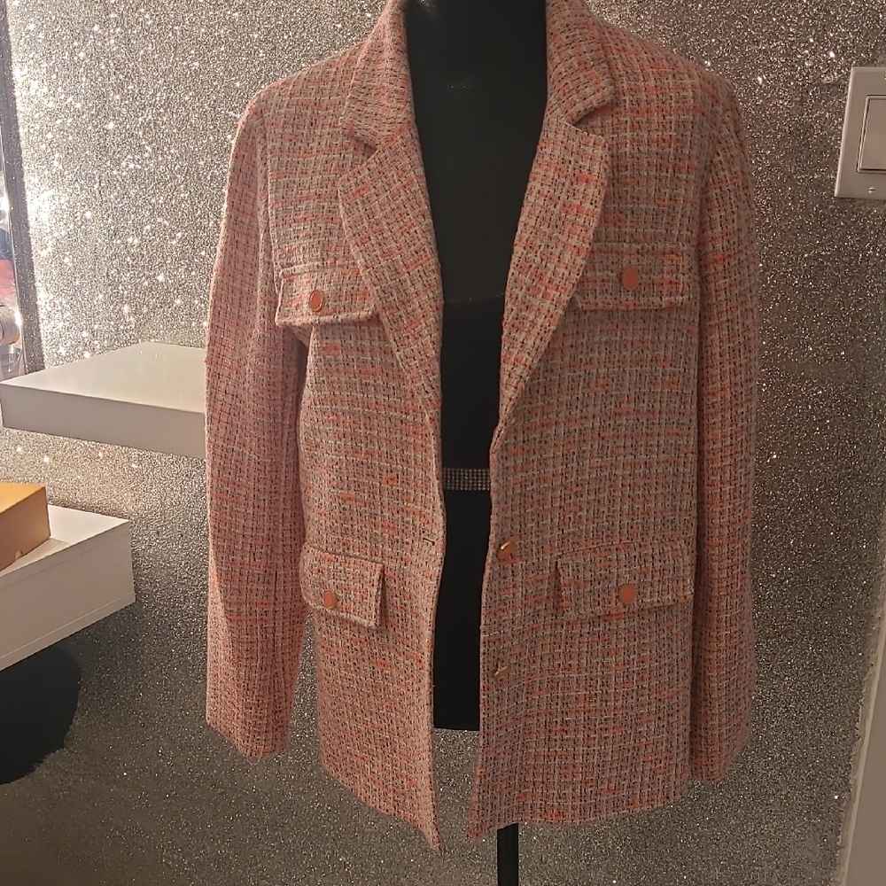 Elegant Women's Tweed Blazer - Pink and White